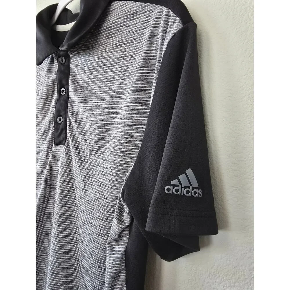 Adidas Golf Polo Shirt Mens Small Black Gray Striped Performance Comfort Casual